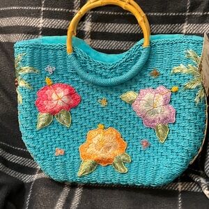 Cappelli Straworld Turquoise Floral Tote with Bamboo Handles